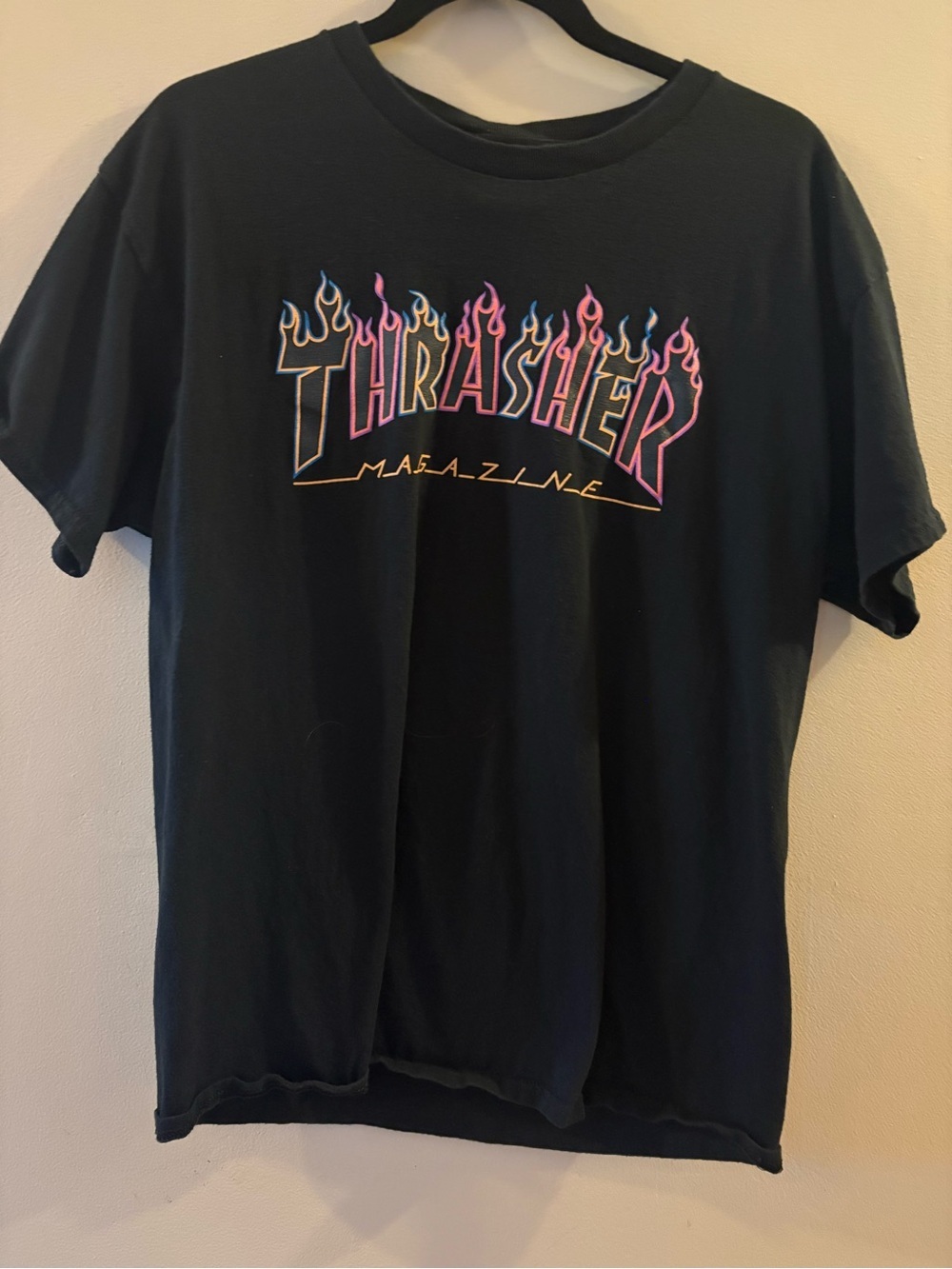 Thrasher Magazine Double Flame Neon Graphic T-Shirt Black, Sz L